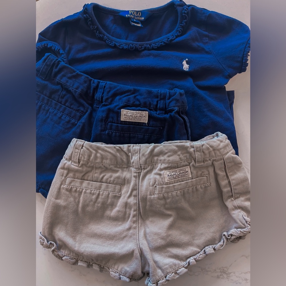 Navy and Khaki RL chino, ruffle shorts with matching navy ruffle t-shirt.